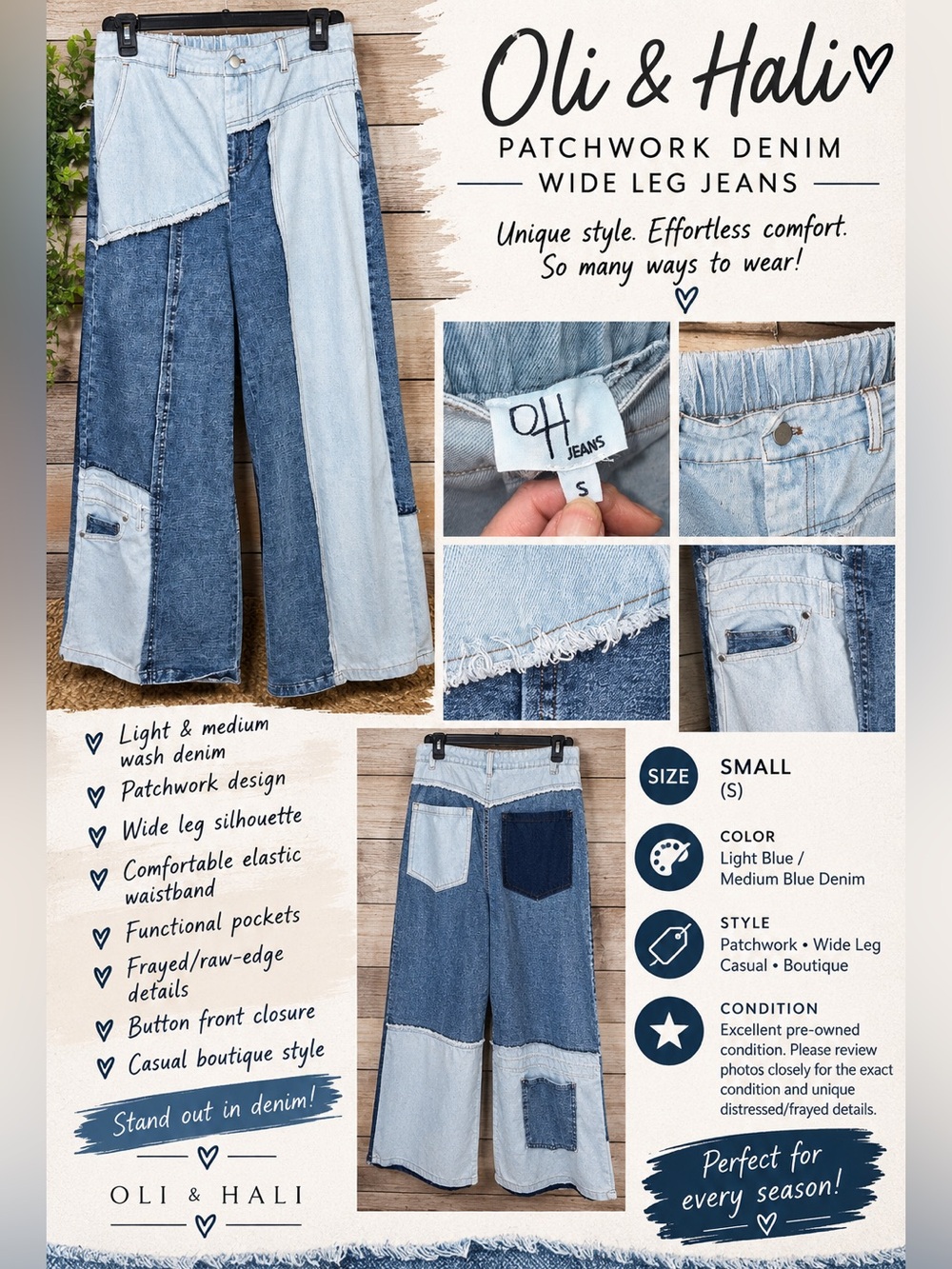 Oli & Hali Two-Tone Patchwork Wide-Leg Jeans in Light and Dark Blue
